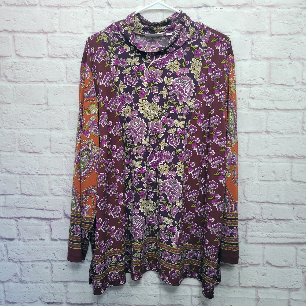 Susan Graver Busy Floral Tunic Top Womens 3XP Stretchy Boho Maximalist Artsy